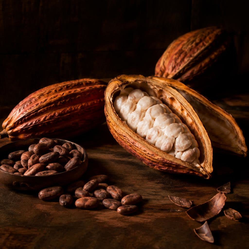 Cabosses de cacao ouvertes et fèves — photo d’ambiance