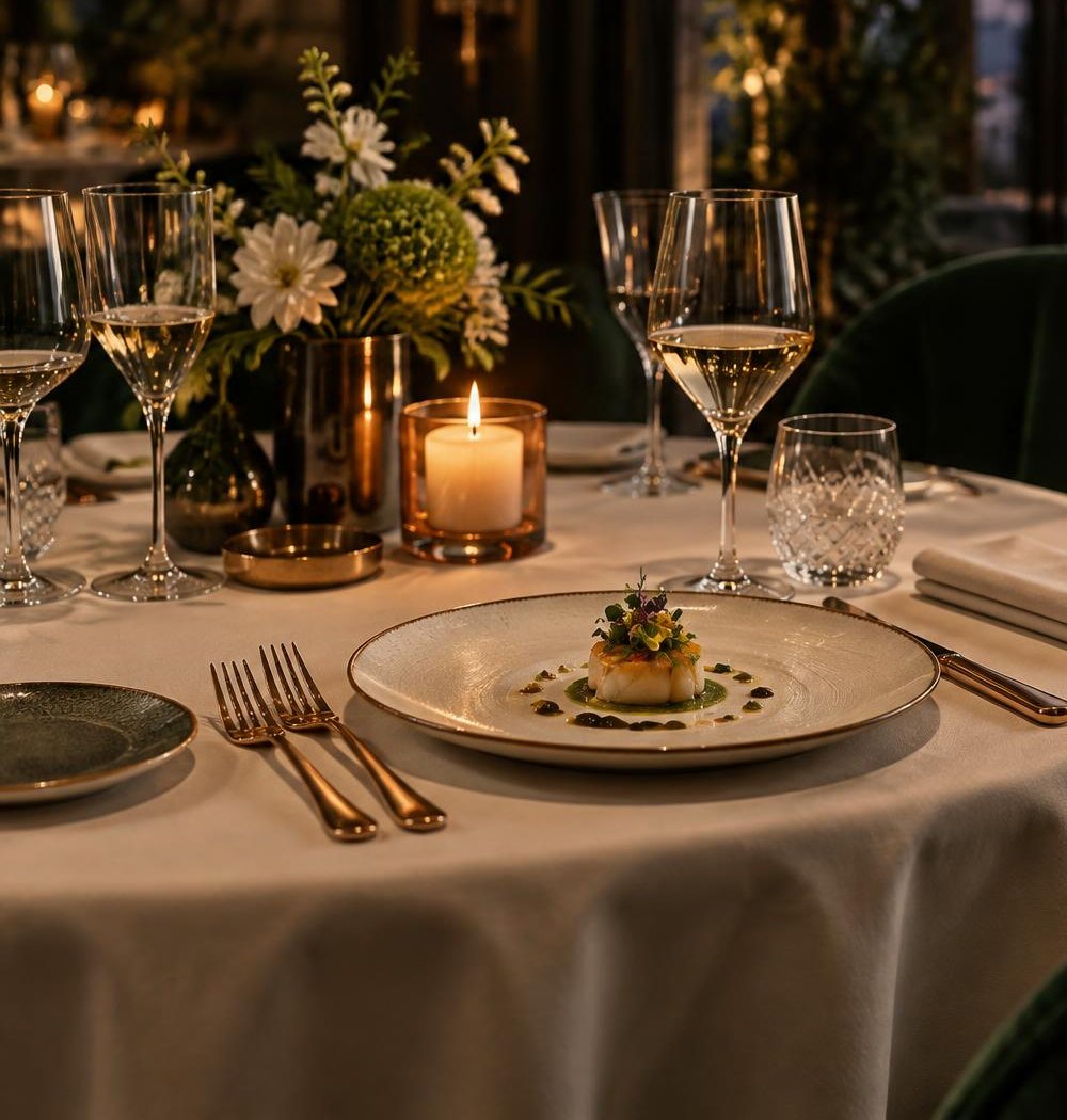 Table dressée avec élégance, verres et bougie — image d’ambiance